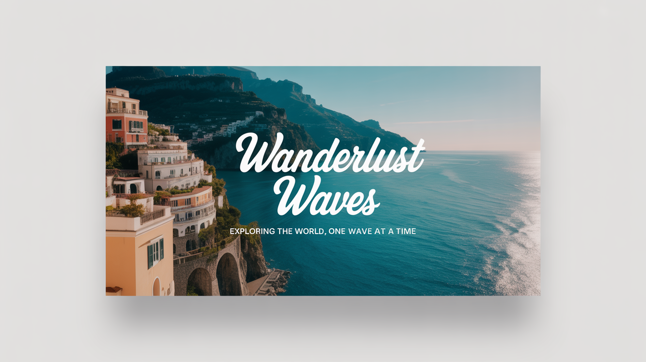 A mockup of a YouTube banner for a travel channel called 'Wanderlust Waves', showing a beautiful photo of the Amalfi Coast.