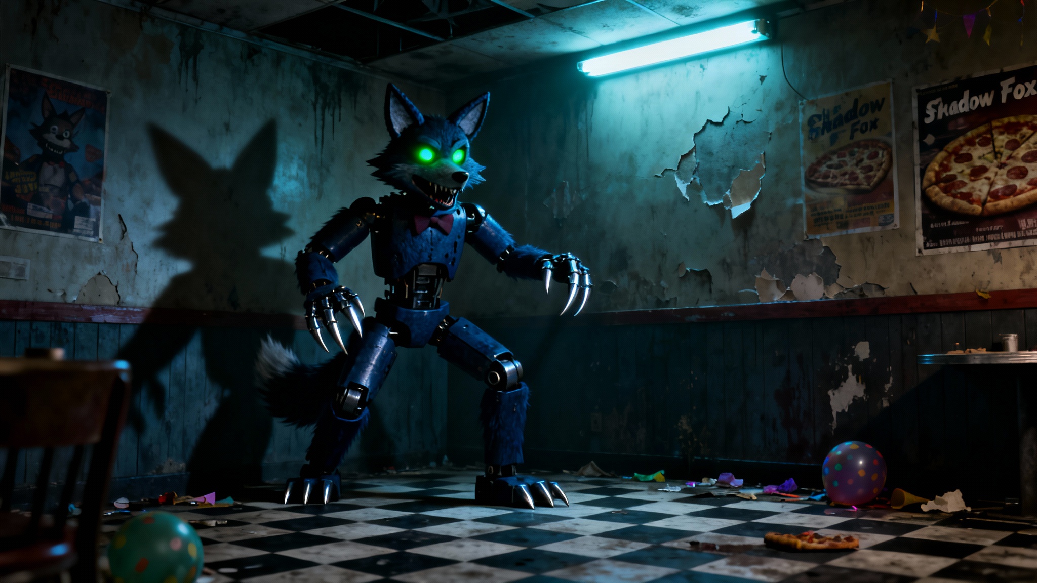 A high-quality 3D render of a custom Five Nights at Freddy's animatronic character, a dark blue fox with glowing green eyes, in a creepy, abandoned pizzeria setting, representing the final output of an OC creator.