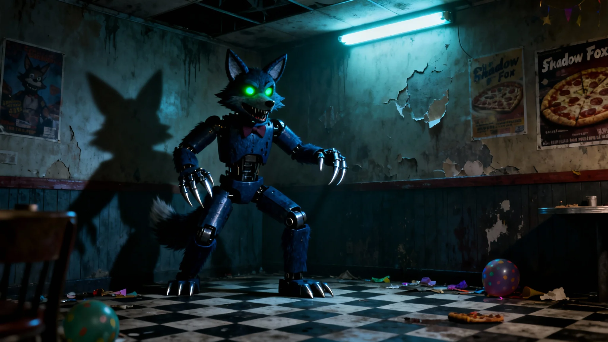 A high-quality 3D render of a custom Five Nights at Freddy's animatronic character, a dark blue fox with glowing green eyes, in a creepy, abandoned pizzeria setting, representing the final output of an OC creator.