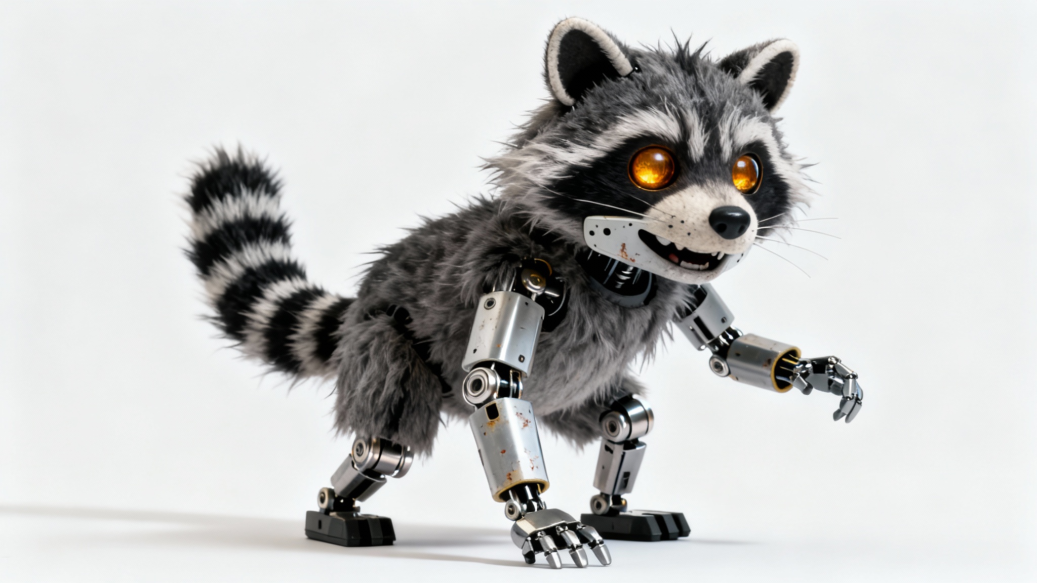 A photorealistic 3D render of a Five Nights at Freddy's original character, an animatronic raccoon with glowing amber eyes, standing against a stark white background.