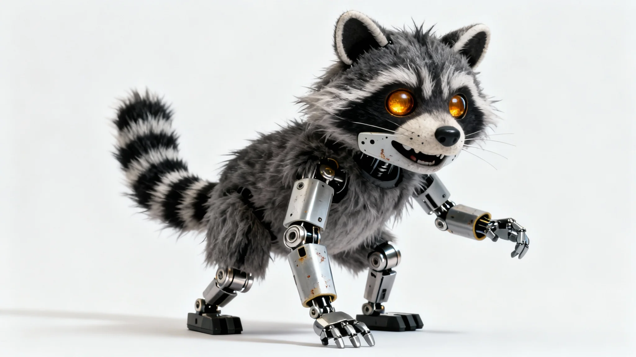A photorealistic 3D render of a Five Nights at Freddy's original character, an animatronic raccoon with glowing amber eyes, standing against a stark white background.