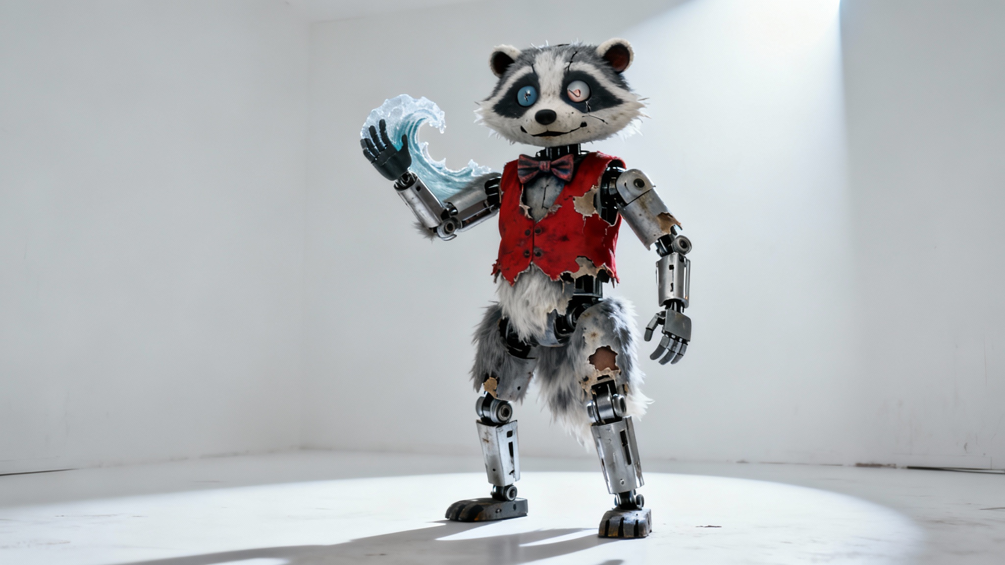 A hyper-realistic concept art of a creepy animatronic badger, designed in the style of the Five Nights at Freddy's game, standing against a stark white background.