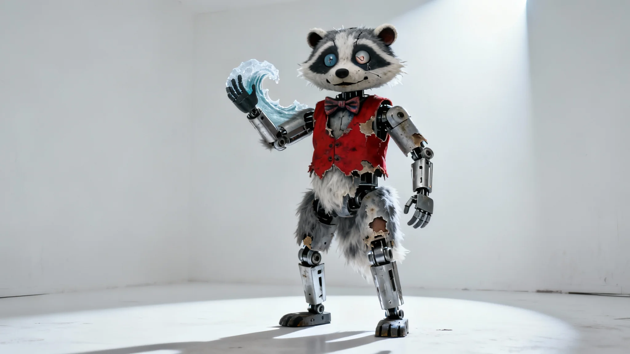 A hyper-realistic concept art of a creepy animatronic badger, designed in the style of the Five Nights at Freddy's game, standing against a stark white background.