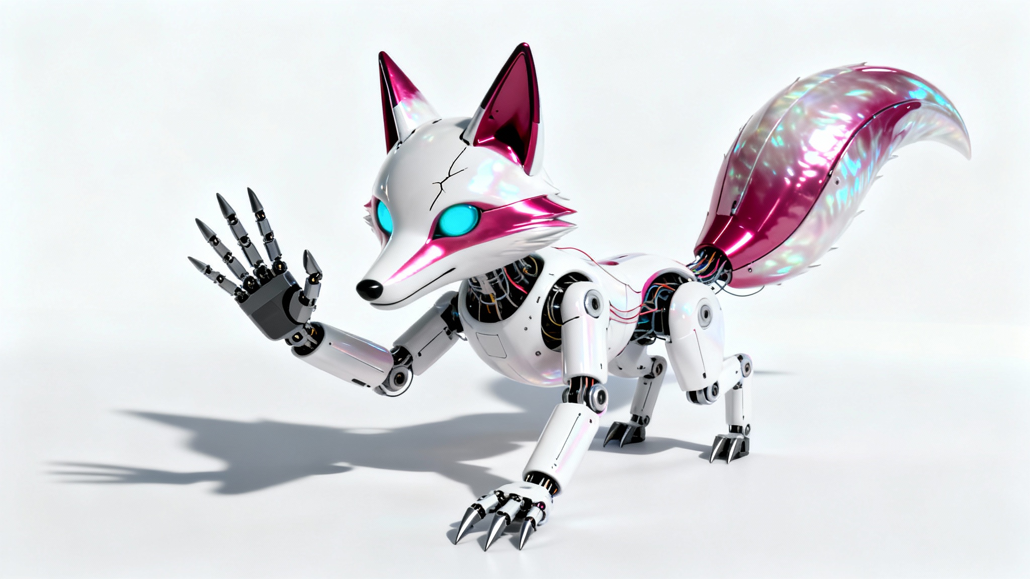 A 3D render of a custom-designed Five Nights at Freddy's original character, a sleek white and magenta animatronic fox, standing against a clean white background in a dynamic pose.