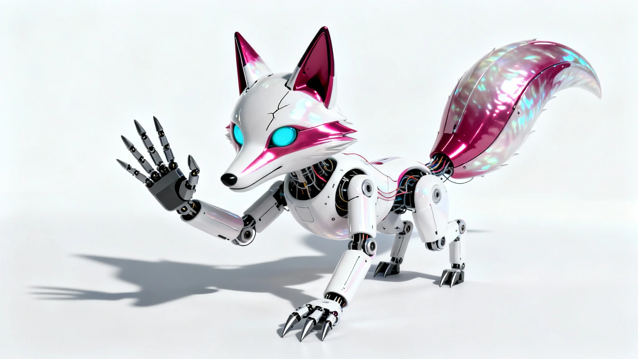 A 3D render of a custom-designed Five Nights at Freddy's original character, a sleek white and magenta animatronic fox, standing against a clean white background in a dynamic pose.