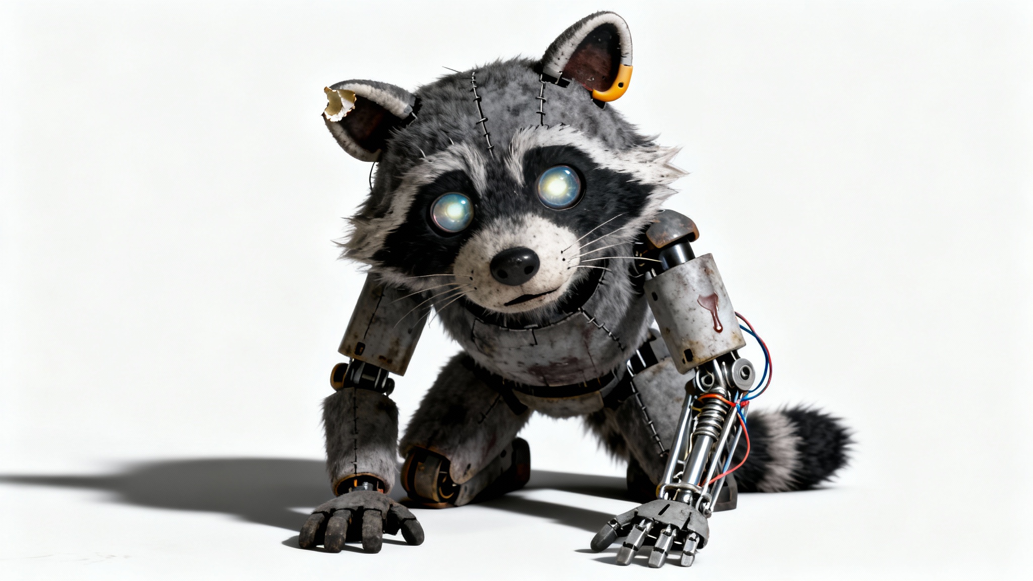A full-body photorealistic render of a Five Nights at Freddy's original character, a weathered and creepy raccoon animatronic, standing against a plain white background.