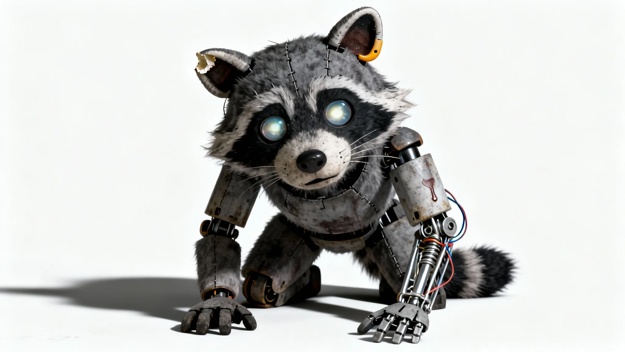 A full-body photorealistic render of a Five Nights at Freddy's original character, a weathered and creepy raccoon animatronic, standing against a plain white background.