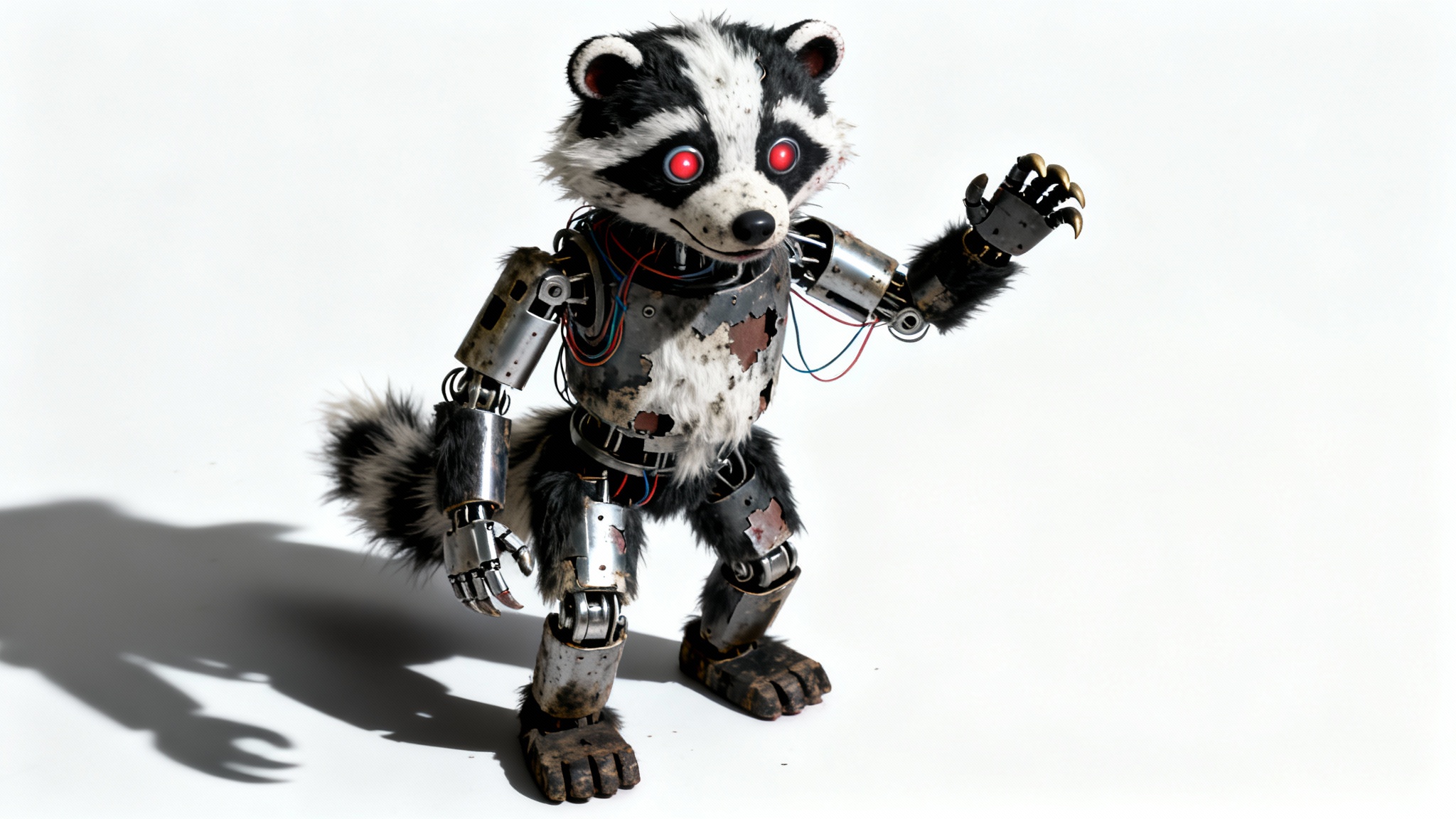A creepy, original Five Nights at Freddy's animatronic badger character with matted fur, exposed endoskeleton parts, and glowing red eyes, standing against a clean white background.