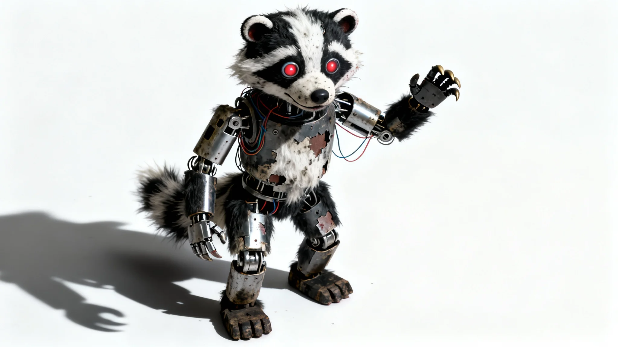 A creepy, original Five Nights at Freddy's animatronic badger character with matted fur, exposed endoskeleton parts, and glowing red eyes, standing against a clean white background.