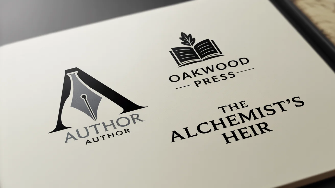 A collection of three professionally designed book logos displayed on a light background, showcasing different styles including a minimalist author logo, a classic publisher emblem, and a wordmark for a book series.