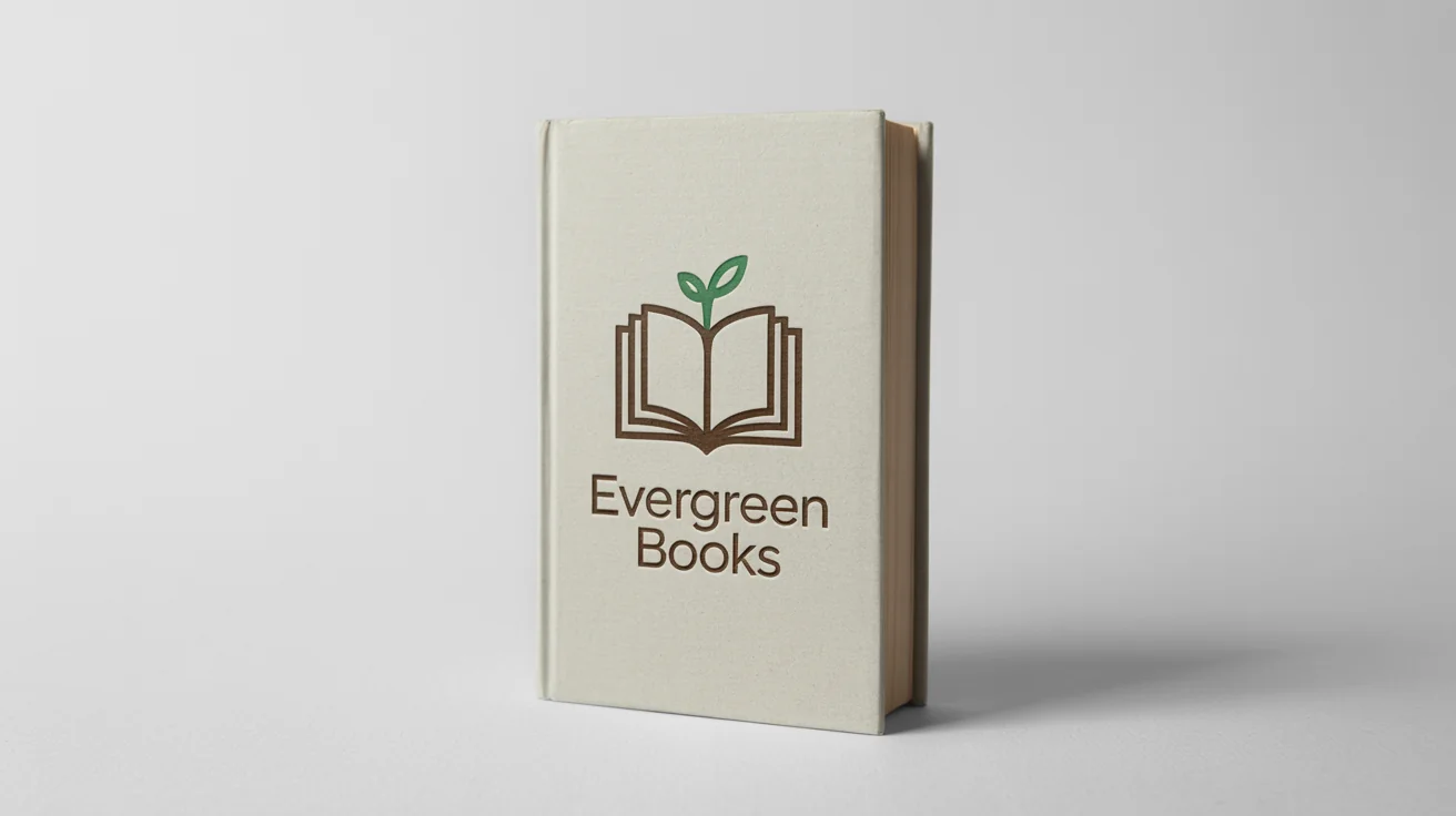 A close-up of a book logo mockup for 'Evergreen Books', featuring a stylized open book with a green sprout, debossed on a cream-colored hardcover book against a white background.