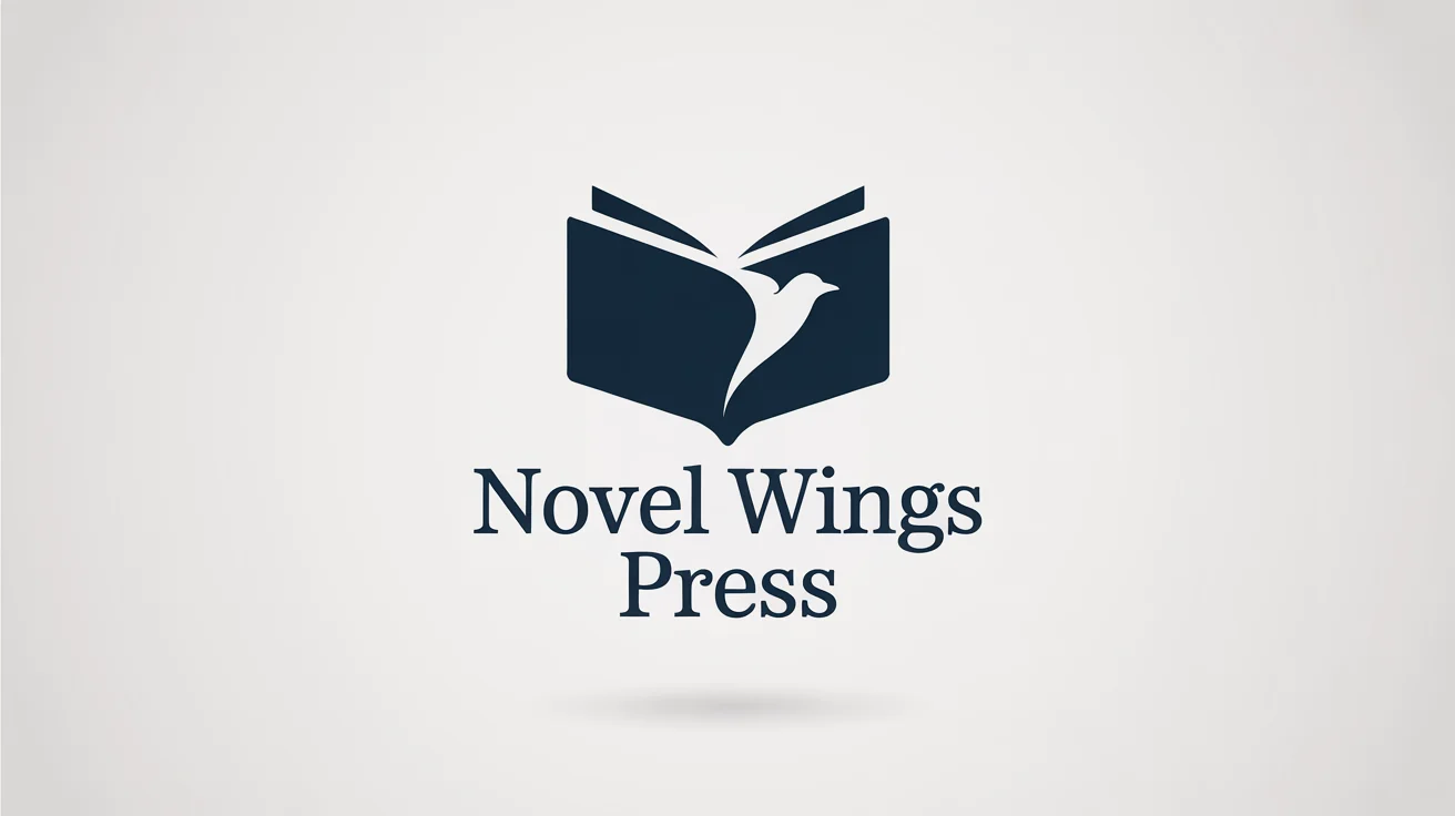 A minimalist book logo for 'Novel Wings Press', where the pages of an open book form the shape of a bird, all in dark blue on a white background.