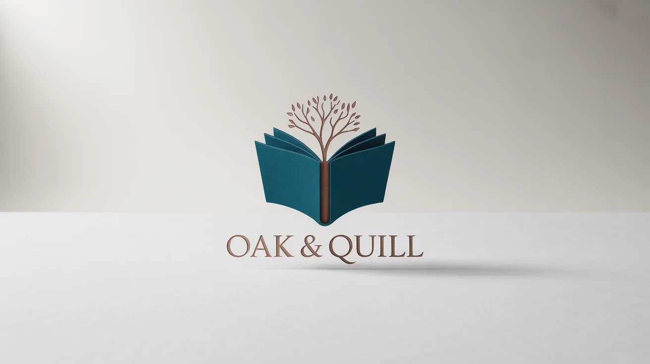 A professional mockup of a book logo featuring a stylized open book with a tree growing from it, with the text 'Oak & Quill' below, all on a clean white background.