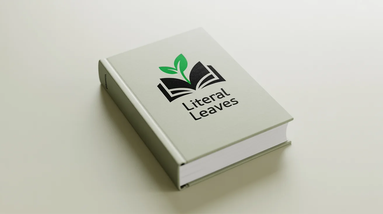 A mockup of a book logo for a fictional publisher called 'Literal Leaves', featuring a green open book and sprout icon on a white hardcover book.