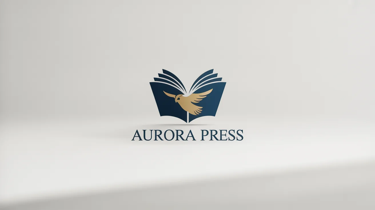 A modern and elegant logo for a fictional publisher, 'AURORA PRESS'. The logo features a navy blue open book with pages turning into a golden owl, all on a clean white background.