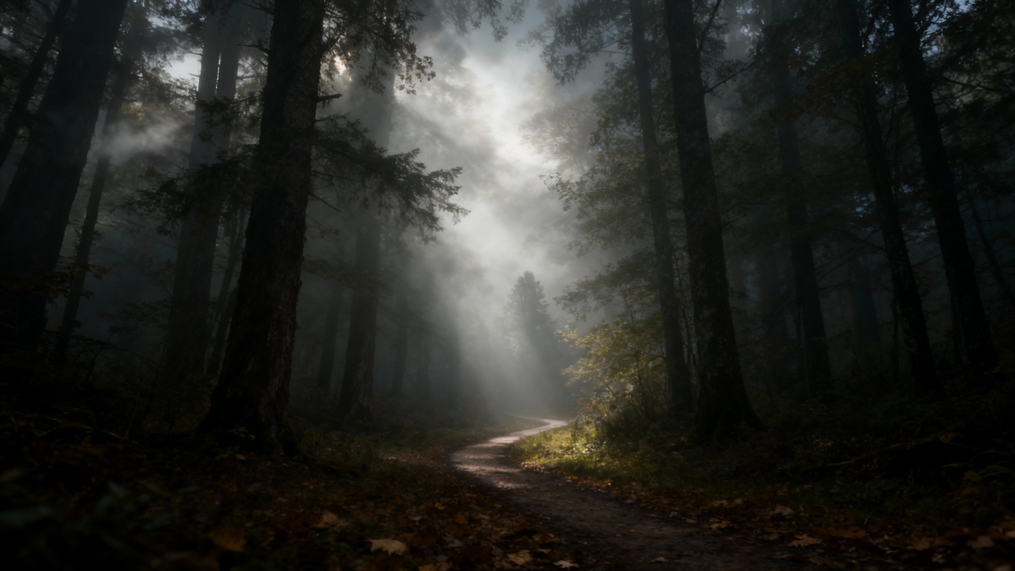 A dramatic 16:9 hero image showing the powerful result of an 'add fog' effect on a forest photograph, creating a scene with thick, atmospheric mist and beautiful light rays.