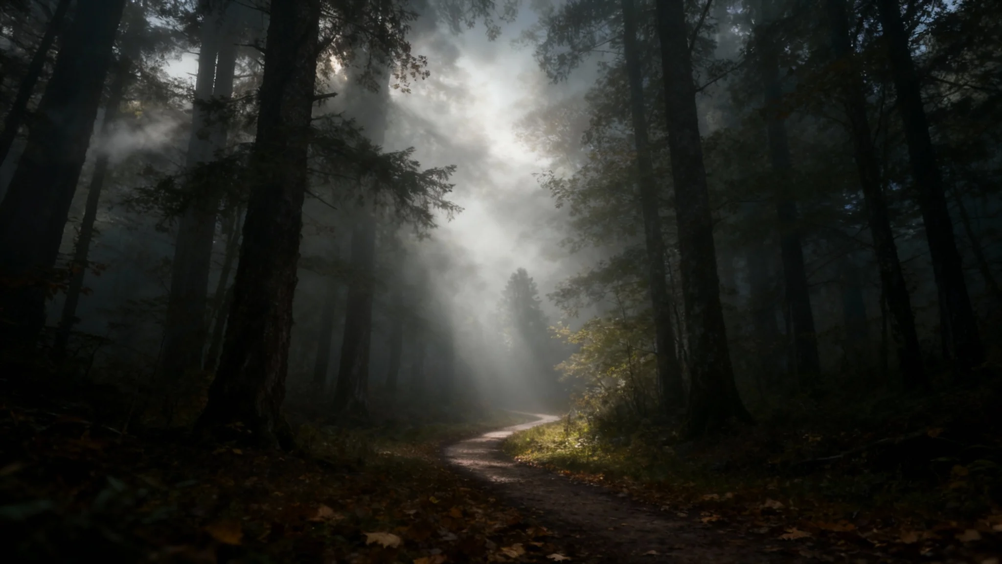 A dramatic 16:9 hero image showing the powerful result of an 'add fog' effect on a forest photograph, creating a scene with thick, atmospheric mist and beautiful light rays.