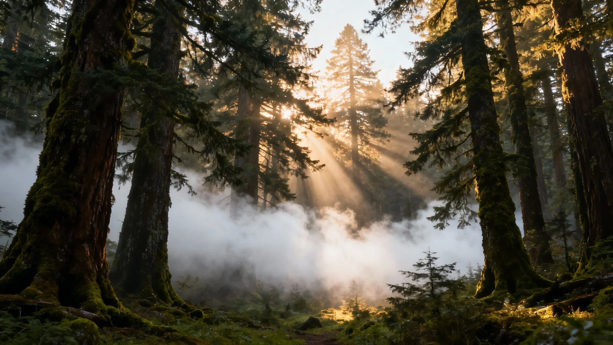 A moody, photorealistic image of a dense forest with thick fog rolling between the tall trees, dramatically lit by sunbeams cutting through the canopy.