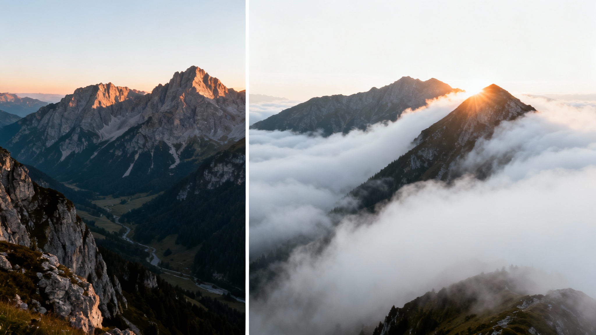 A split-screen image showing the effect of adding fog to a mountain photo. The left side shows a clear mountain range at sunrise. The right side shows the same scene with the valley filled with a thick blanket of fog, creating a mystical atmosphere.