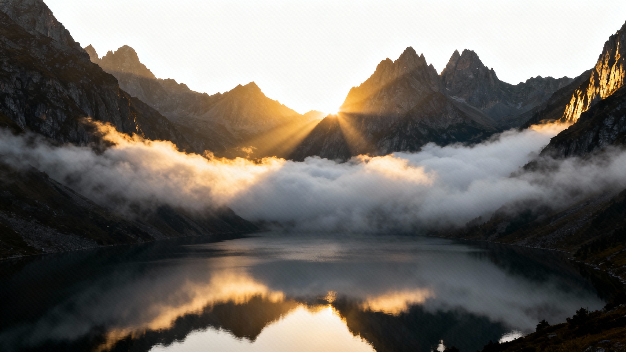 A moody, photorealistic landscape of a mountain range with a thick layer of fog rolling through the valleys and over a calm lake at sunrise.