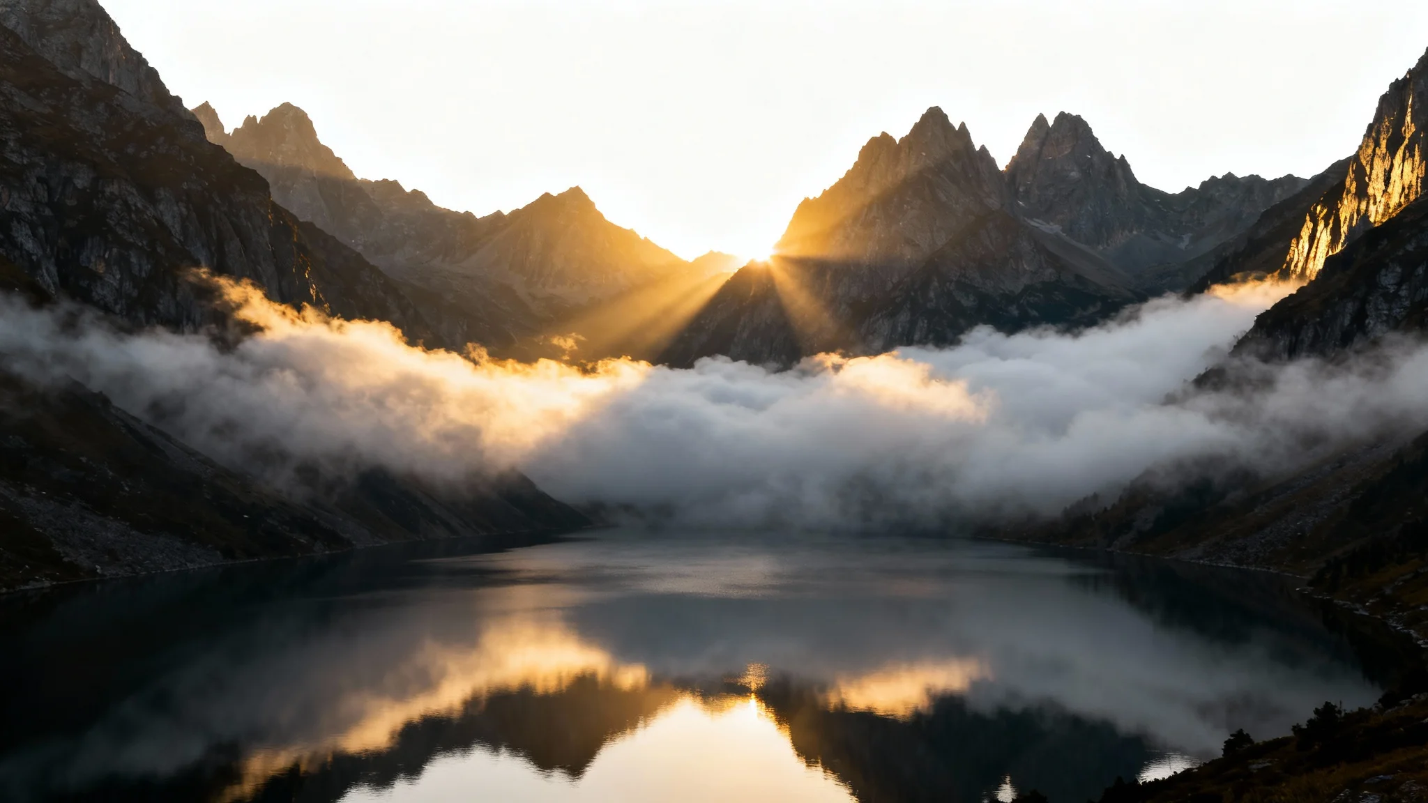 A moody, photorealistic landscape of a mountain range with a thick layer of fog rolling through the valleys and over a calm lake at sunrise.