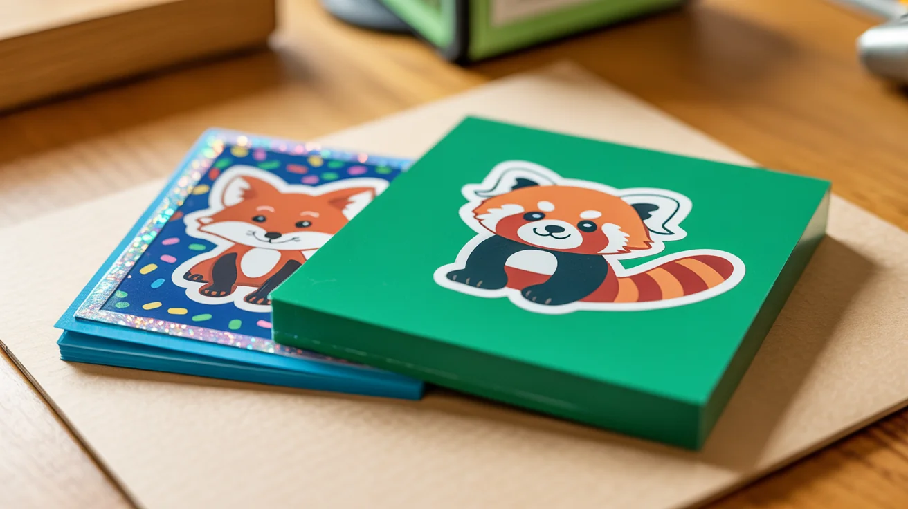 Three professionally designed die-cut stickers of a cute cartoon animal, each featuring a different digital border style (white, holographic, and confetti) arranged on a clean background.