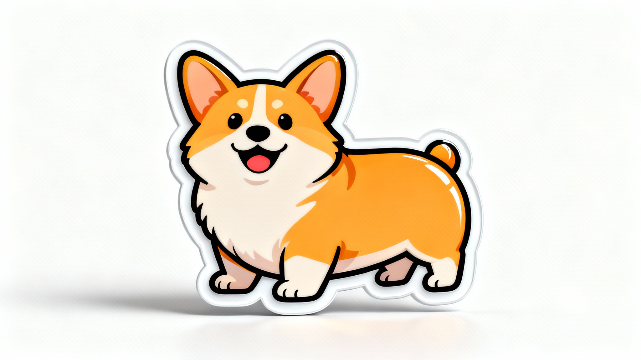 A glossy die-cut sticker of a cute cartoon corgi, shown with a prominent white border that follows its shape, presented as a product mockup on a plain white background.