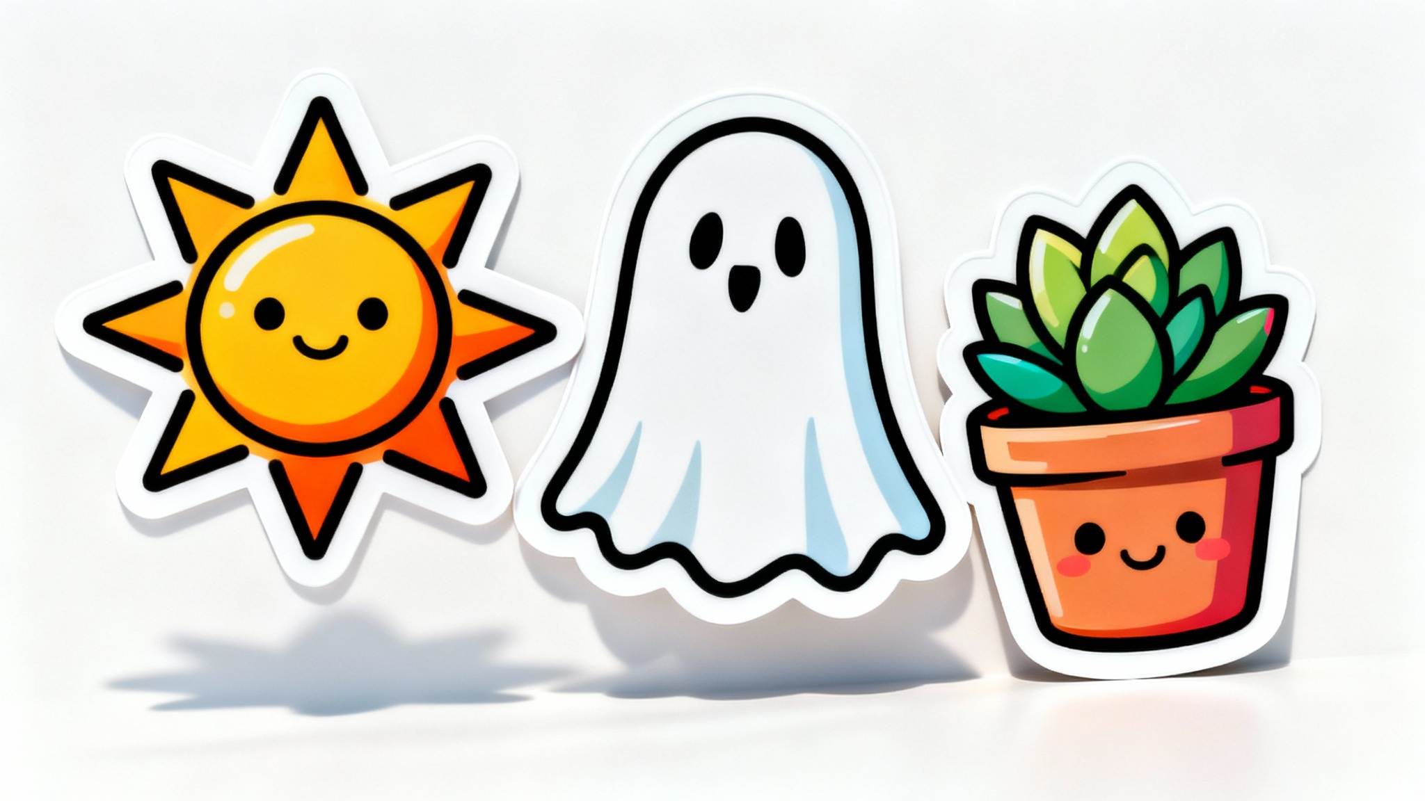 A photorealistic mockup of three colorful, glossy vinyl stickers, a sun, a ghost, and a plant, each with a thick white border, scattered on a white surface.