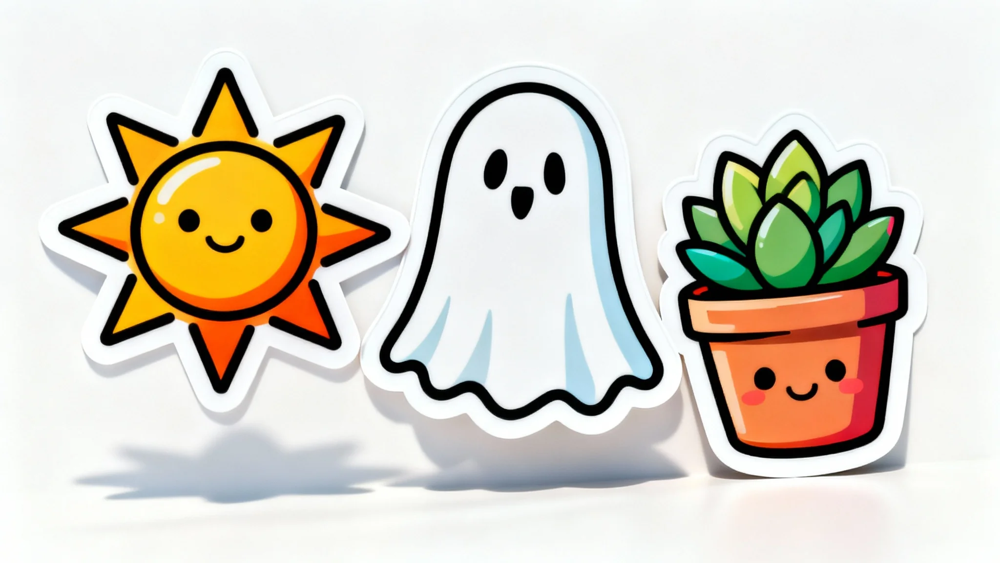 A photorealistic mockup of three colorful, glossy vinyl stickers, a sun, a ghost, and a plant, each with a thick white border, scattered on a white surface.
