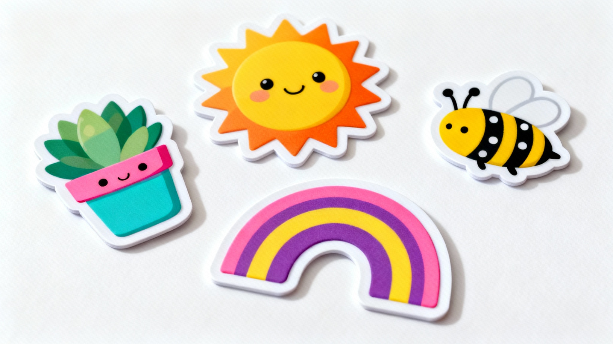 A vibrant collection of four custom die-cut stickers, a sun, a plant, a rainbow, and a bee, each featuring a prominent white border, arranged on a clean white surface.