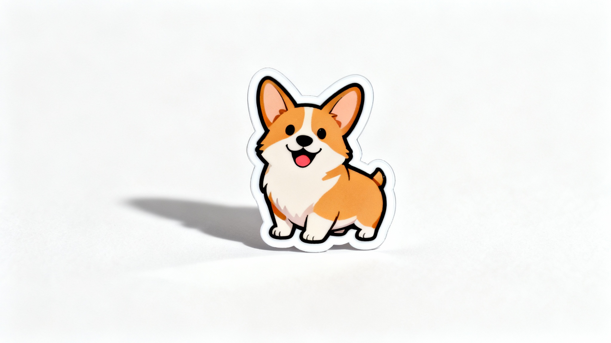 A photorealistic mockup of a cute corgi die-cut sticker with a prominent thick white border, set against a clean white background.
