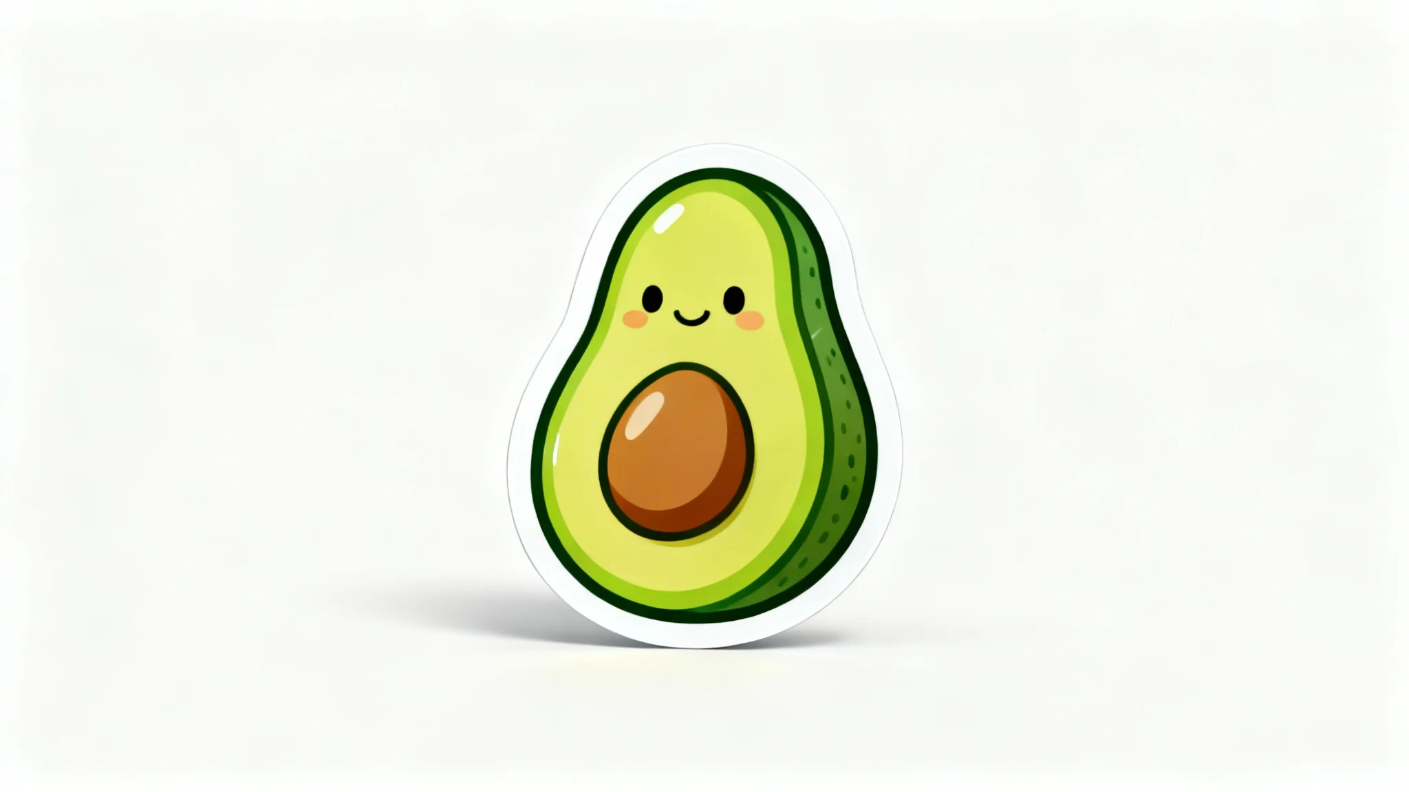 A photorealistic mockup of a single die-cut sticker of a smiling cartoon avocado, showcasing a thick, clean white border against a plain white background.