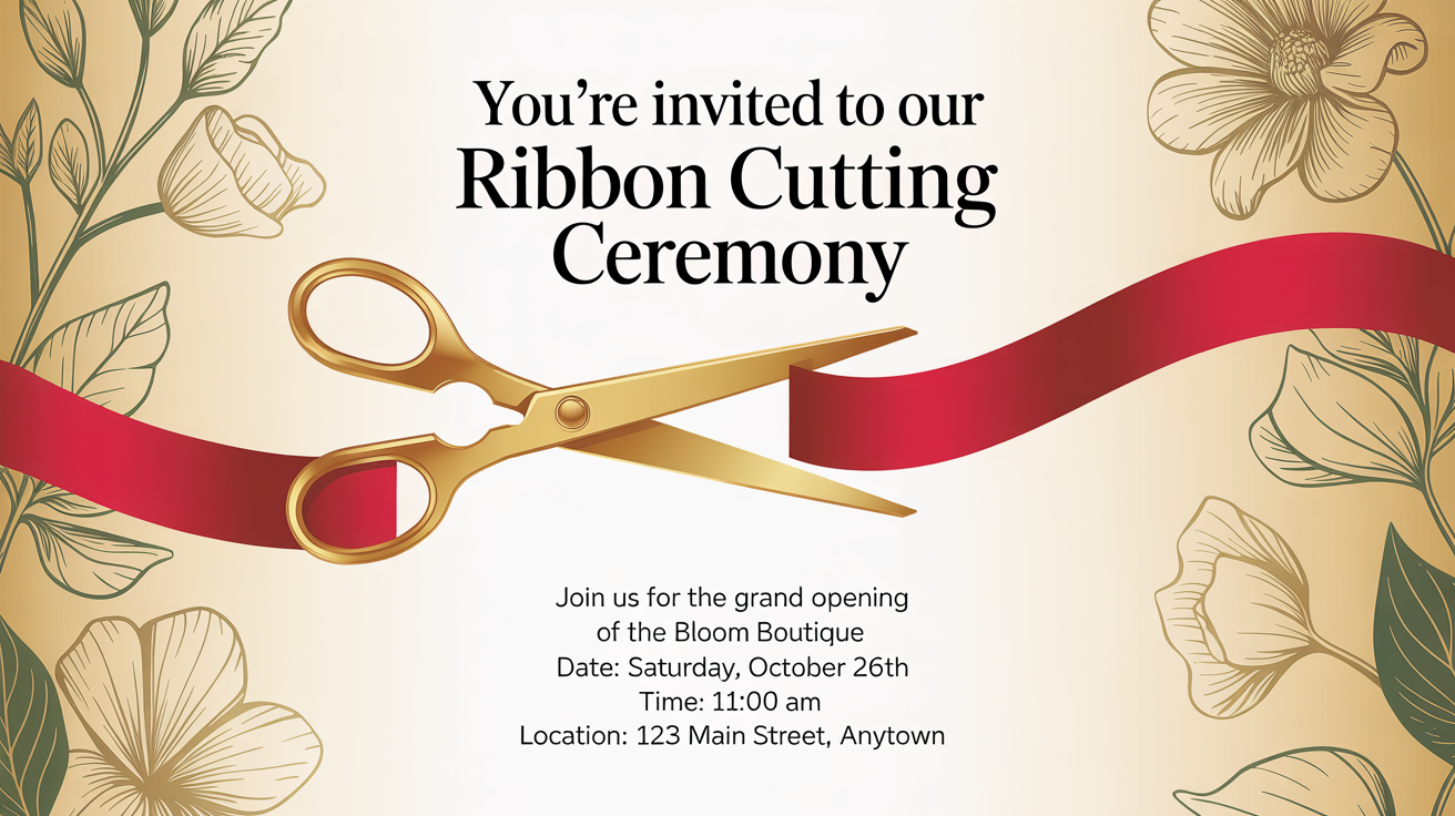 An elegant, finished invitation for a ribbon cutting ceremony. It features a gold and white gradient, text that says 'You're Invited to Our Ribbon Cutting Ceremony', an illustration of gold scissors cutting a red ribbon, and placeholder event details.