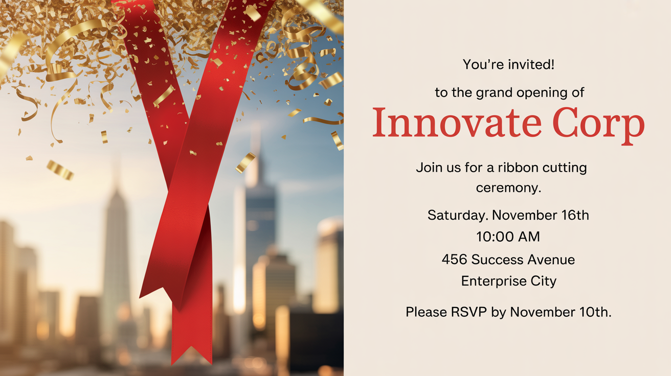 A professional mockup of a ribbon cutting invitation for 'Innovate Corp's' grand opening, featuring a red ribbon and golden scissors graphic, set against a plain white background.