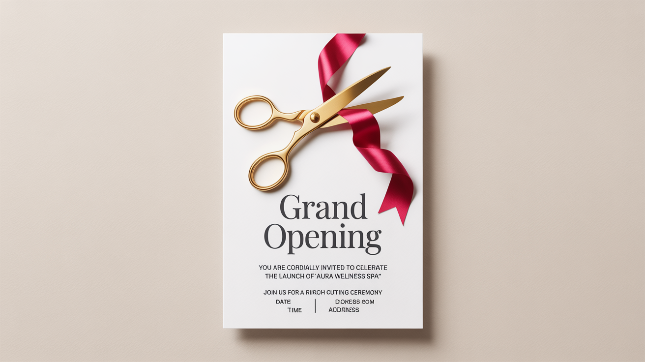 A mockup of a professional ribbon cutting invitation for a spa grand opening, featuring gold scissors and a red ribbon graphic, displayed on a plain white background.