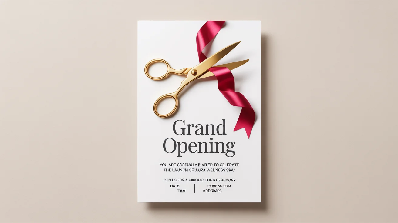 A mockup of a professional ribbon cutting invitation for a spa grand opening, featuring gold scissors and a red ribbon graphic, displayed on a plain white background.
