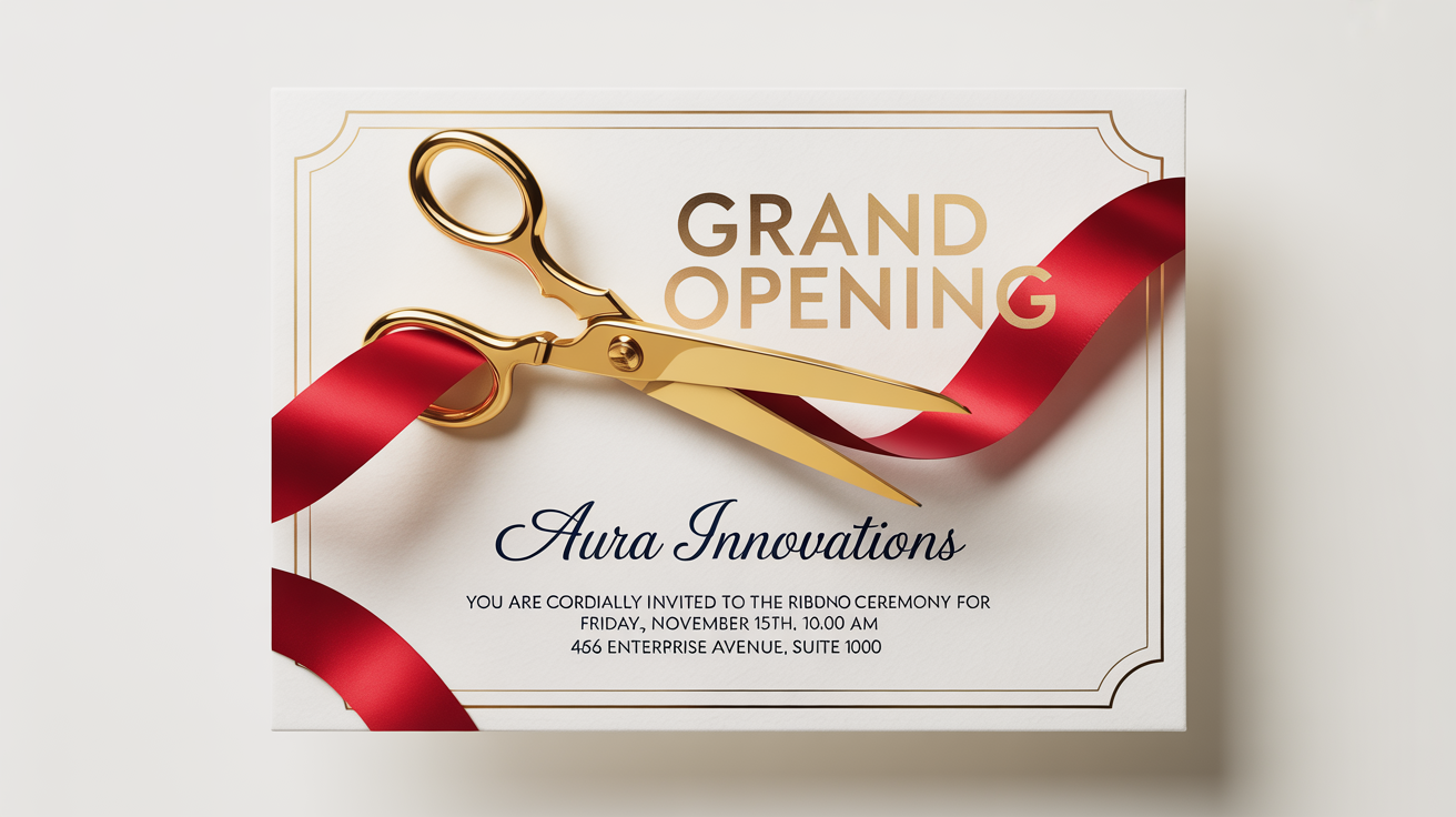 A mockup of a ribbon cutting ceremony invitation for 'Aura Innovations', featuring gold foil text and a graphic of scissors cutting a red ribbon, set against a plain white background.