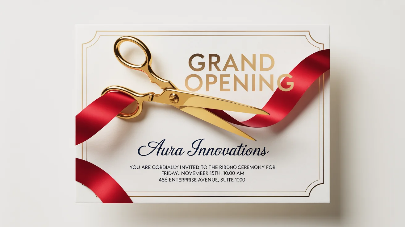 A mockup of a ribbon cutting ceremony invitation for 'Aura Innovations', featuring gold foil text and a graphic of scissors cutting a red ribbon, set against a plain white background.
