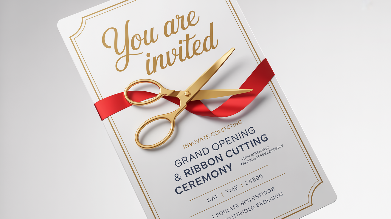 A sophisticated mockup of a vertical invitation for a ribbon cutting ceremony, featuring gold foil text, a graphic of scissors and a red ribbon, on a clean white background.