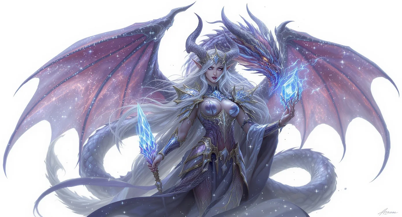 Concept art of a powerful elven sorceress in glowing armor holding a crystal staff, standing with a large, protective amethyst dragon against a clean white background.