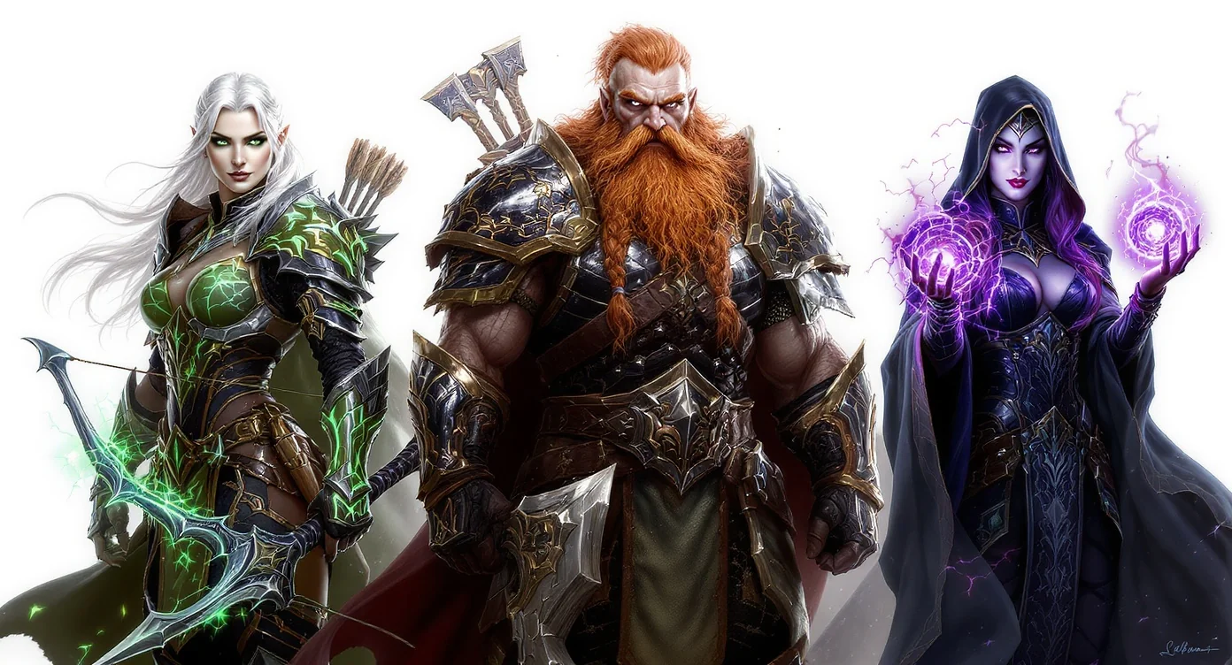 A lineup of three hyper-detailed fantasy character designs on a white background. An elven ranger, a dwarven warrior, and a female sorceress are shown in full-body view, representing custom fantasy character creation.
