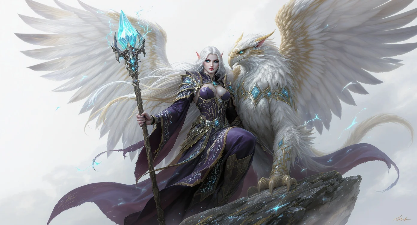 A high-fantasy concept art image of a powerful elven sorceress with silver hair and glowing robes, standing beside her majestic white and gold griffin companion against a clean white background.