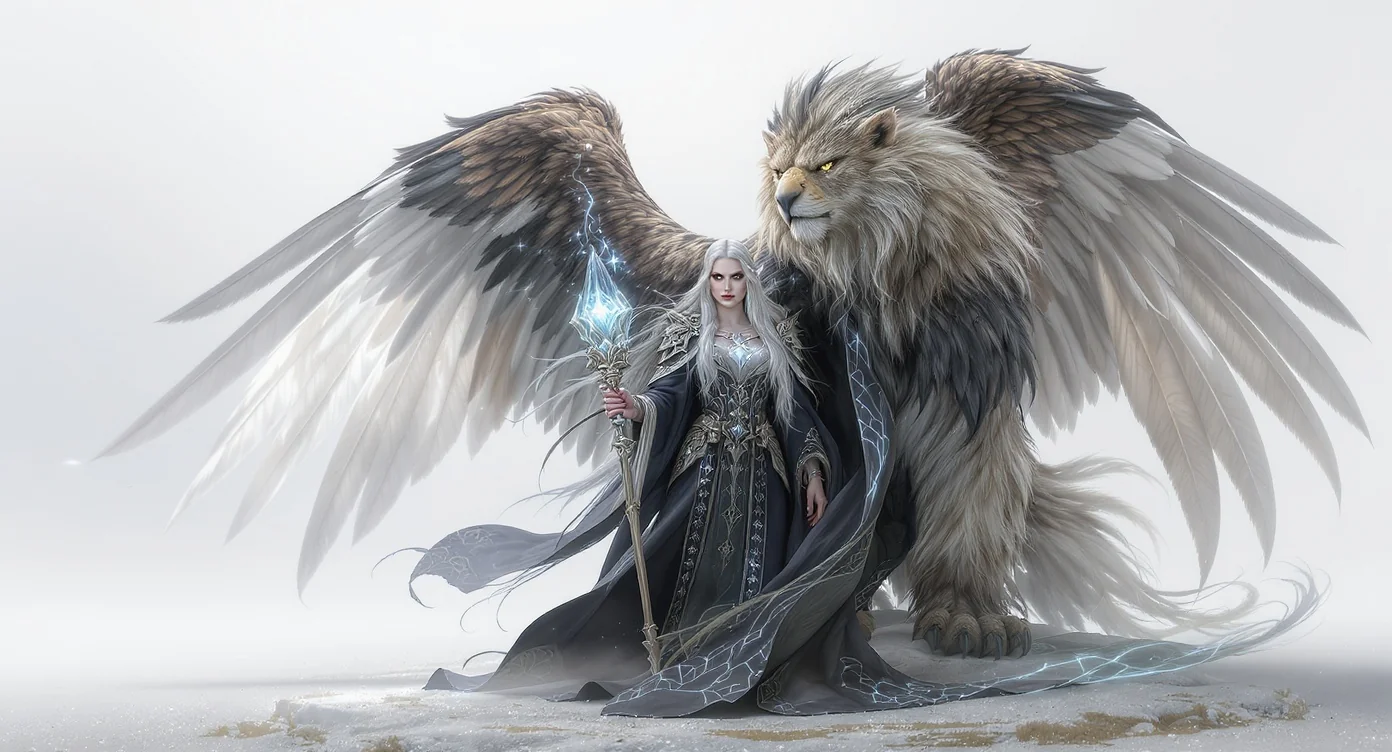 A detailed fantasy illustration of a powerful elven sorceress standing next to a majestic griffin on a white background. The sorceress holds a glowing staff, and the griffin looks on regally, representing the creation of custom fantasy characters and creatures.