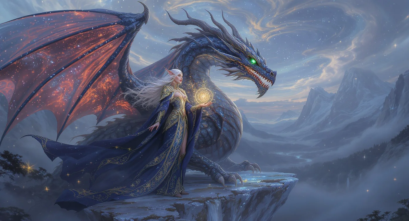 A high-fantasy concept art image of a female elven sorceress and her large, obsidian-scaled dragon companion, perched on a floating island under a magical twilight sky.