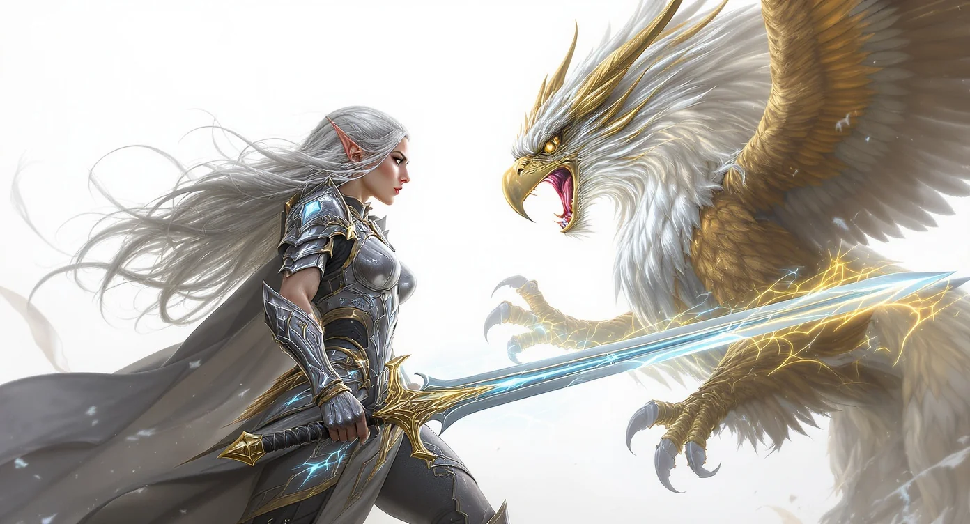 A hyper-realistic digital painting of a female elven warrior in ornate silver armor facing a majestic golden and white griffin on a white background, capturing a tense fantasy confrontation.