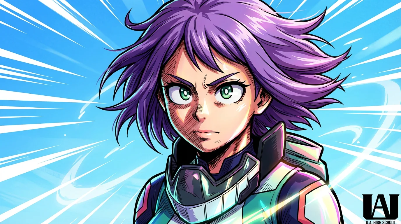 A close-up of a female avatar created in the distinct art style of the anime My Hero Academia, featuring purple hair, a determined expression, and a blue sky background.