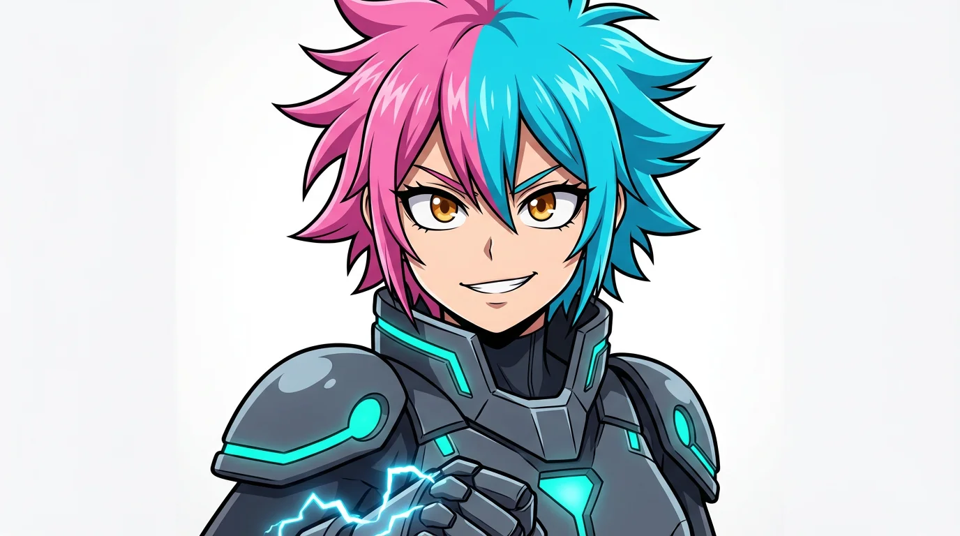 A custom female avatar created in the My Hero Academia anime style. She has spiky pink and blue hair and a futuristic hero costume, posed heroically against a white background.