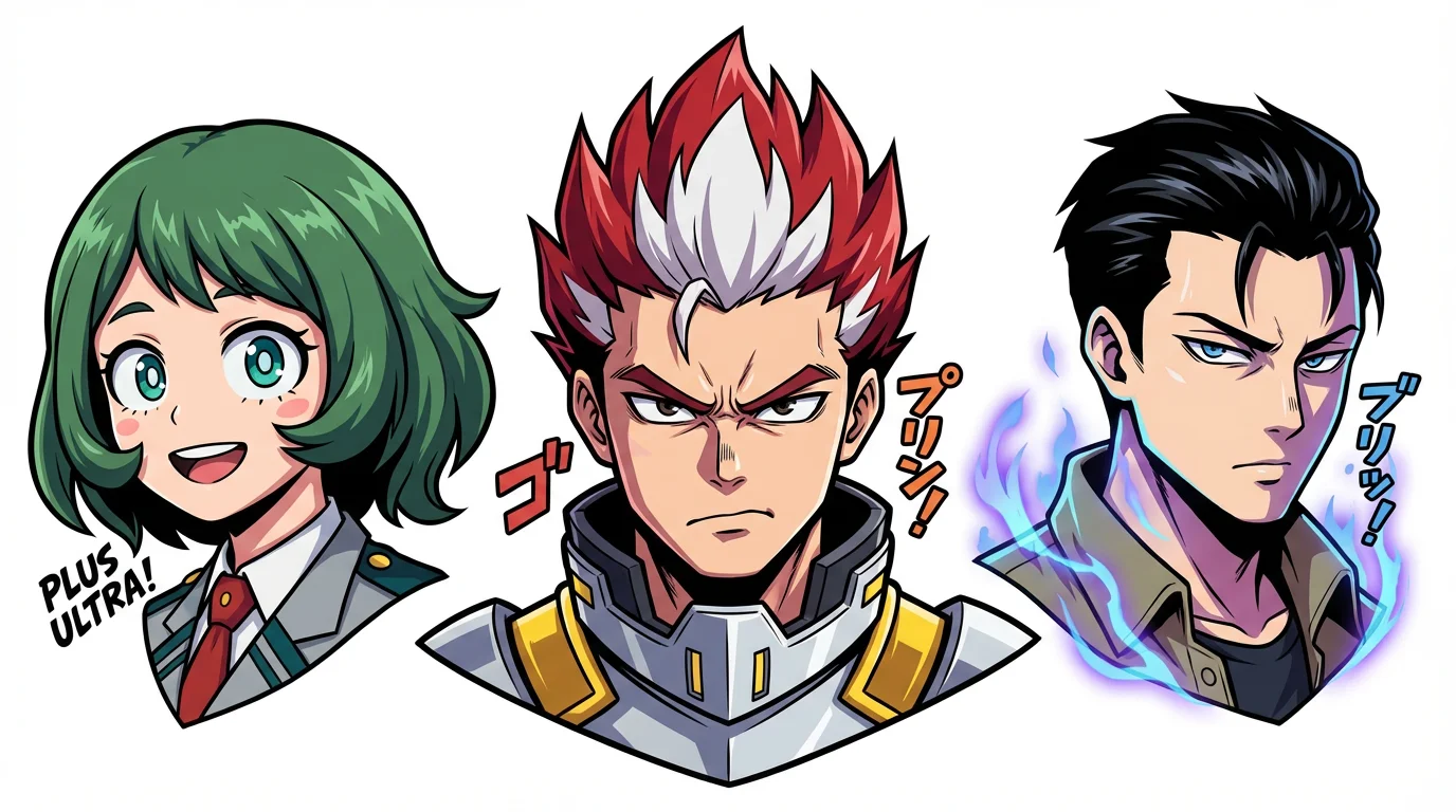 A collection of three custom-made avatars in the distinct and vibrant art style of the anime 'My Hero Academia', featuring unique male and female characters against a white background.