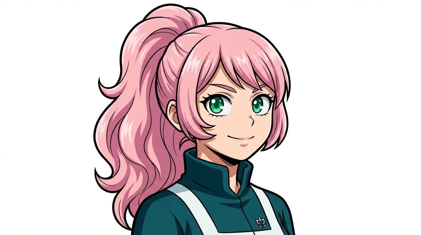 An avatar of a female character in the My Hero Academia anime style, featuring pink hair and green eyes with a determined expression, presented as a mockup on a white background.