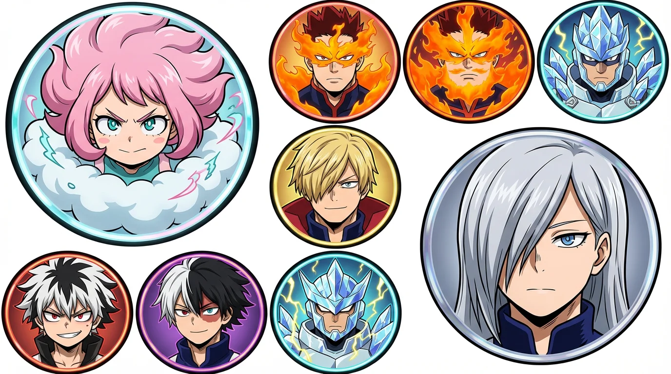 A collage of custom 'My Hero Academia' style avatars, featuring three distinct original characters with unique hairstyles and expressions, set against a clean white background.
